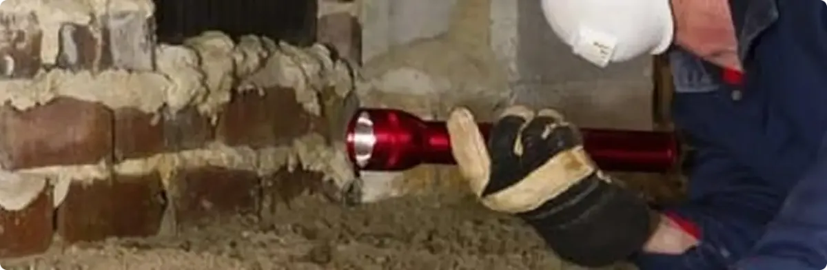 Pest control technician inspecting a crawl space for ant activity in Mulga, AL