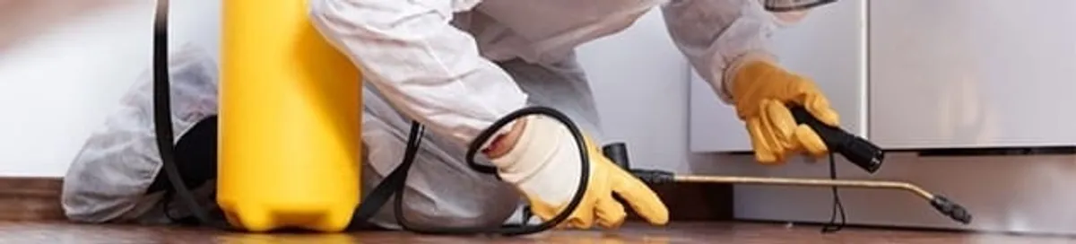 Roach exterminator treating cracks and crevices along kitchen baseboards in Birmingham, AL